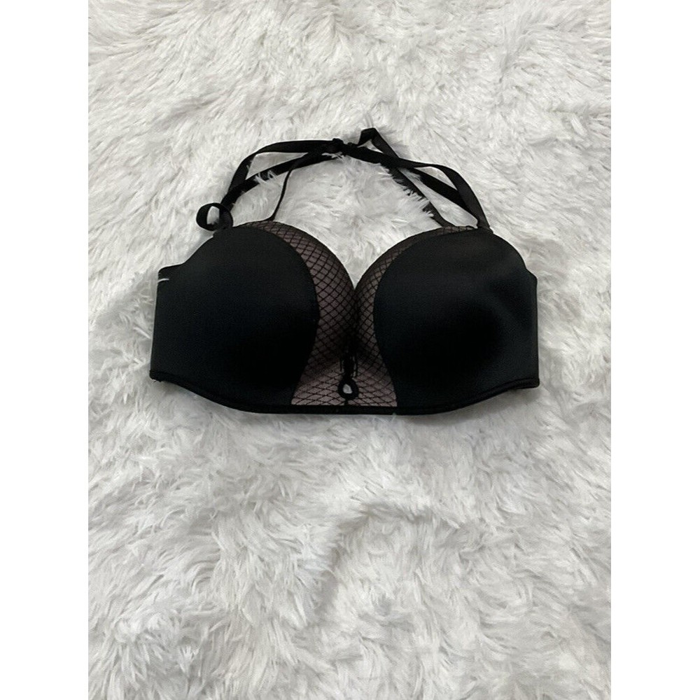 Victoria Secret Bombshell Padded Strapless Push-Up Bra Size 32C Black Pink Mesh
